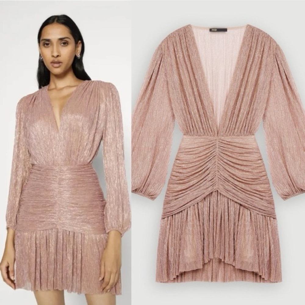 Maje Rose Gold Metallic Pleated Mini Dress